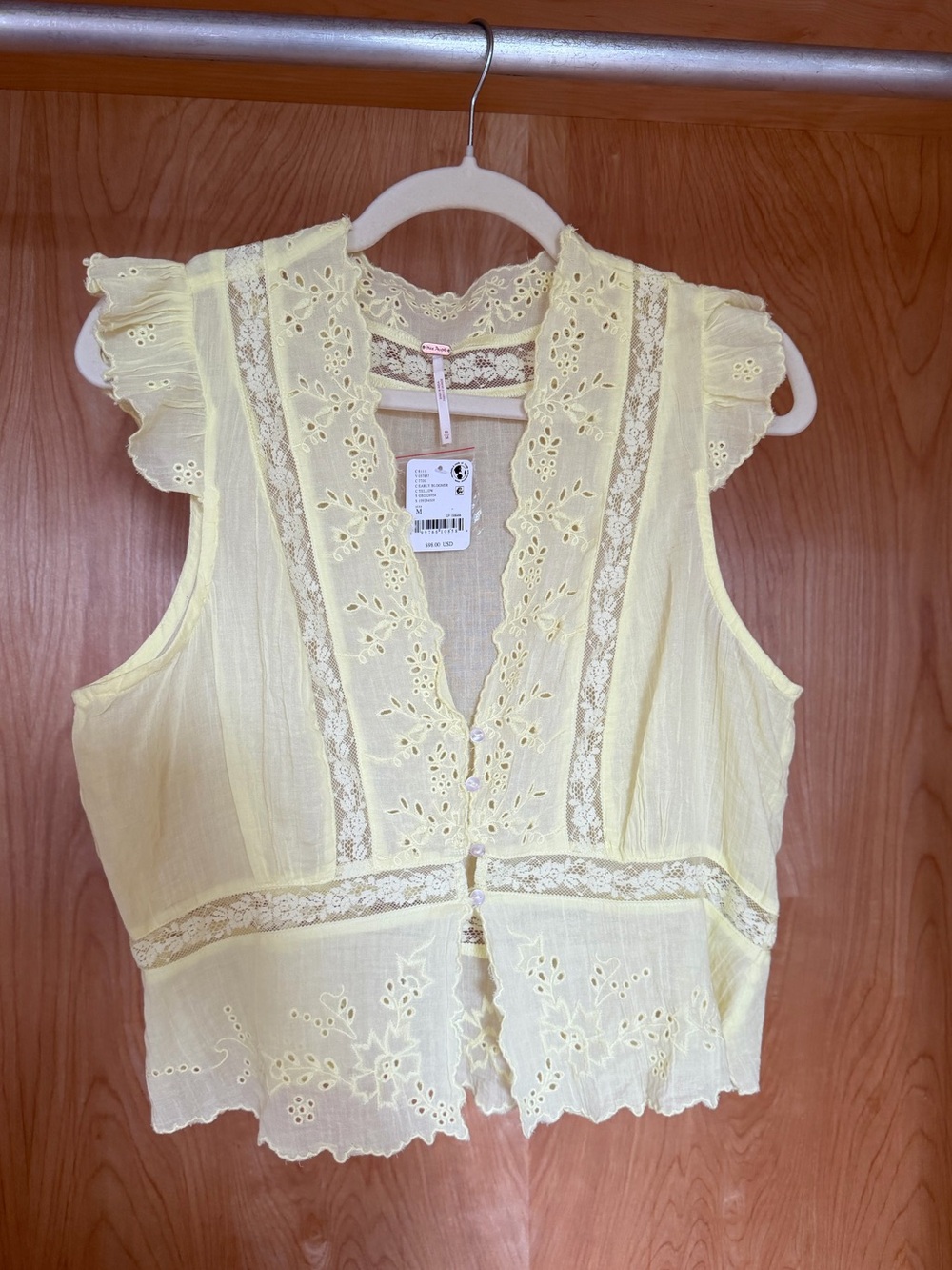 Free People Pale Yellow Eyelet Lace Blouse